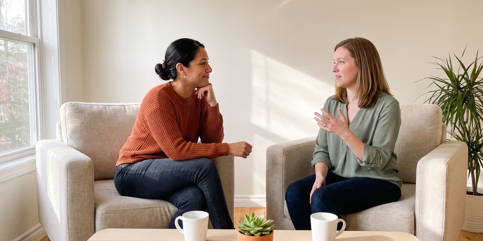 A coach leans forward in an armchair, listening closely, as her client talks with a raised hand in a bright, sunlit sitting room.